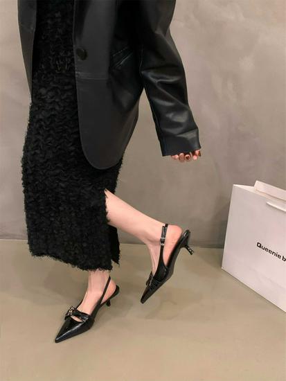Stylish Low-Heeled High Heels for Women - Thin Heel, Pointed Toe, 2026 Spring/Summer, Silver, Black, French Closed-Toe Sandals