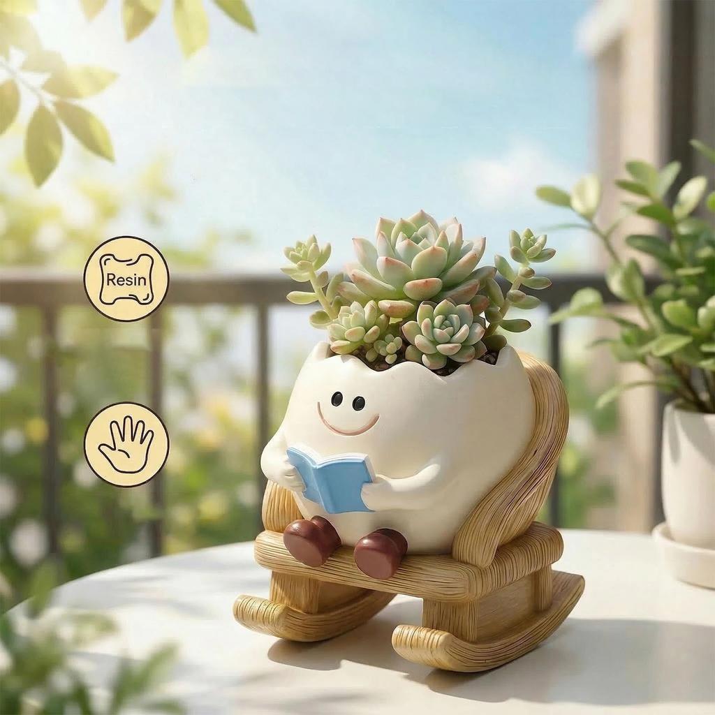 Cute Sit Rocking Chair Succulents Flower Pots with Drain Hole Smile Faces Planter Pot, Cartoon Resin Pot for Indoor