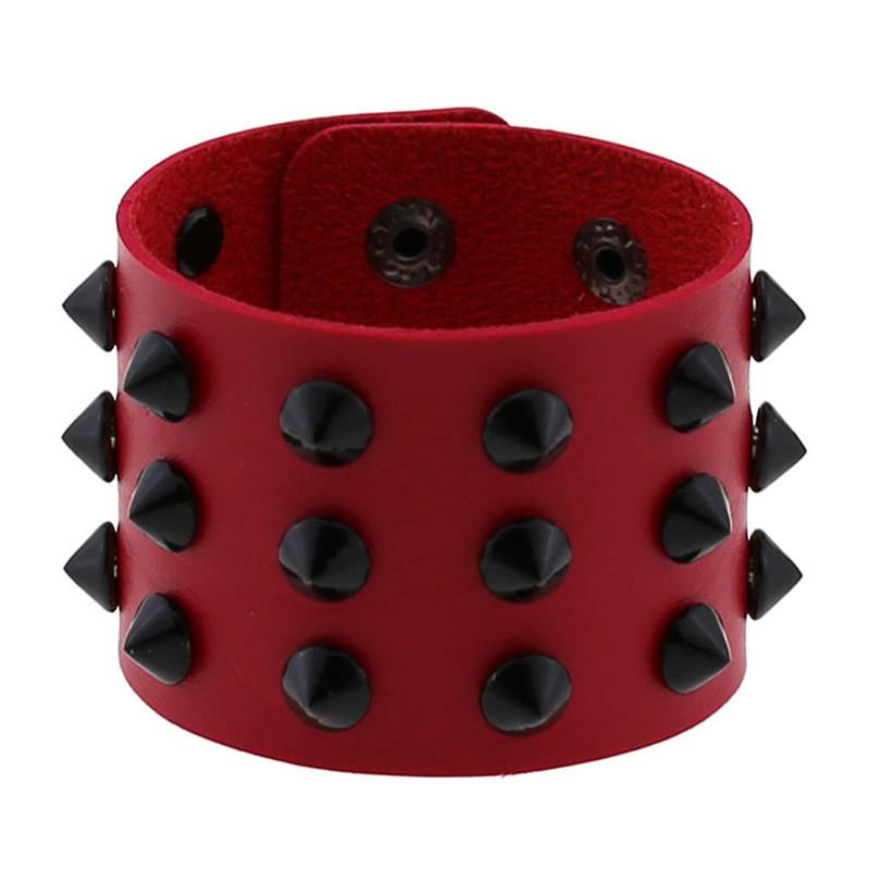 Hot Punk Gothic Rock Row Metal Stud Spikes Rivet Red PU Leather Wristband Bangles For Men Women Bracelet Unisex Jewelry