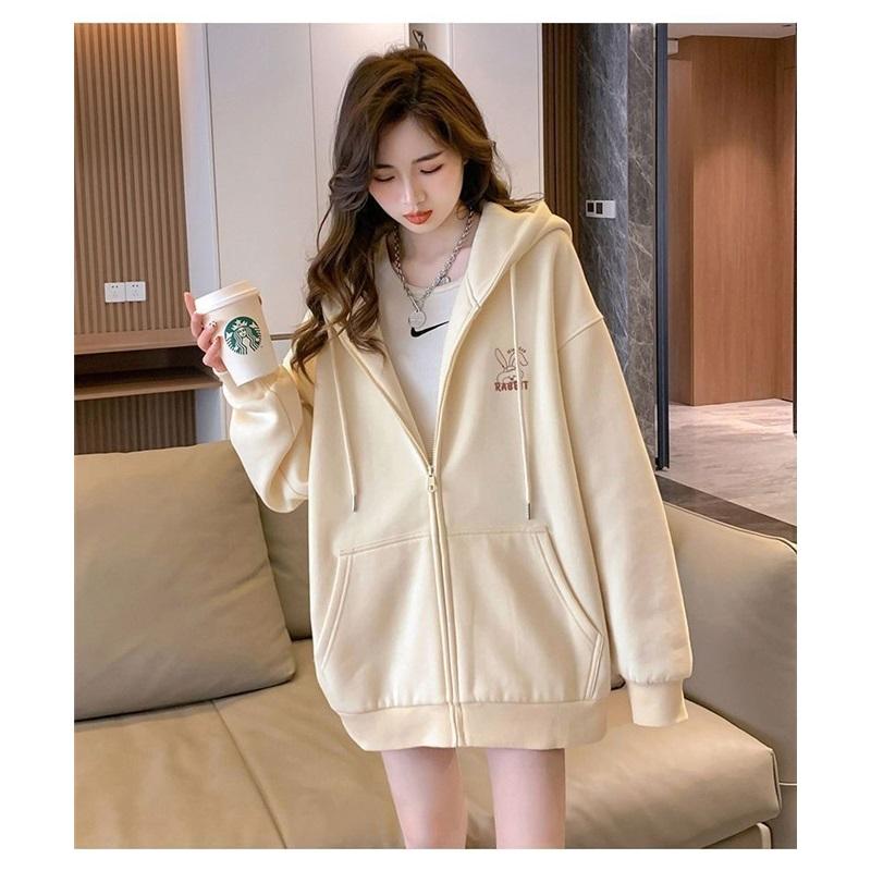 Women's Fleece Lined Zip Up Hoodie Cartoon Embroidery Casual Oversized Jacket