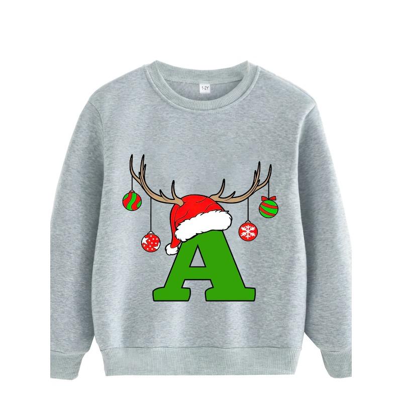 Kids Sweatshirt Letter A Santa Hat with Reindeer Antlers Print Pattern Fleece Warm Unisex Top Fashion Print Pattern Wear Casual Long Sleeve