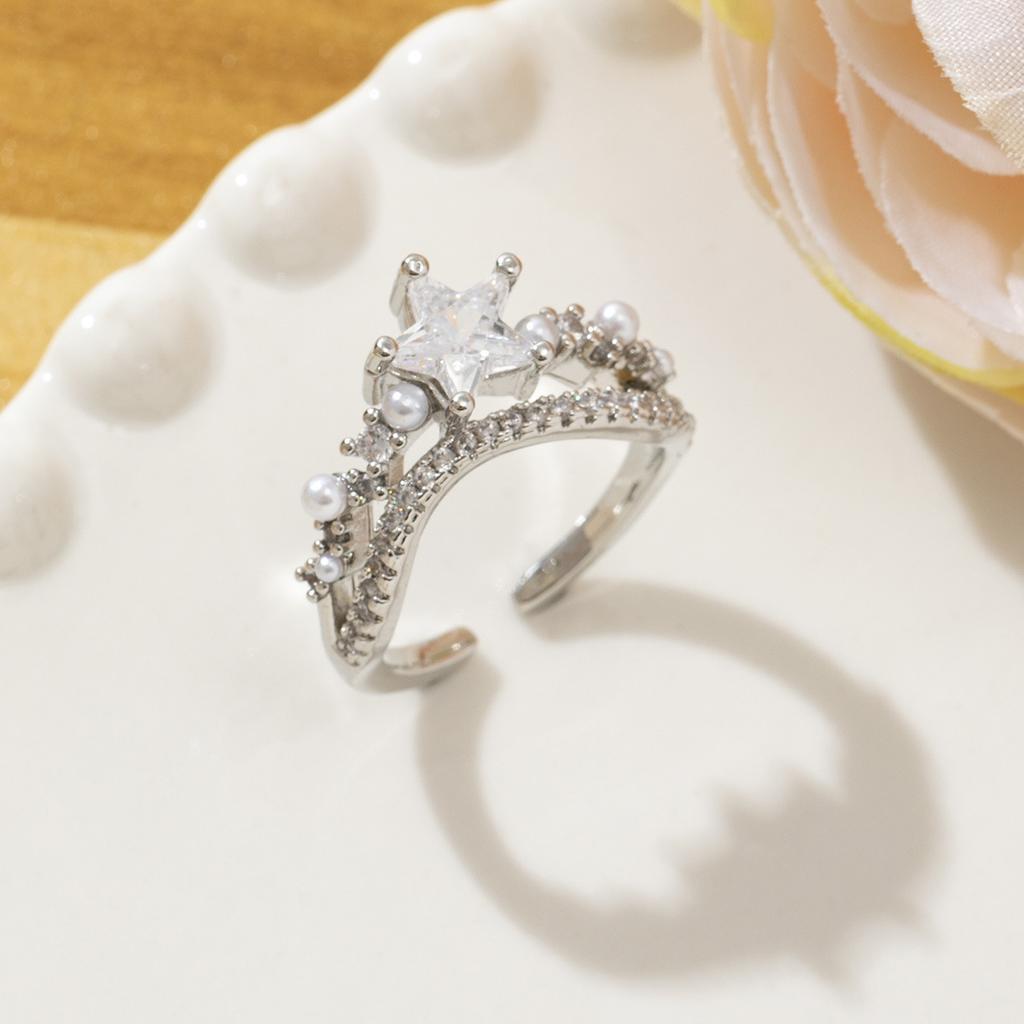 Fashion Design, Pearl Open Ring, Women's Light Luxury, Elegant and High-end Temperament, Full of Diamonds, Zircon Ring.