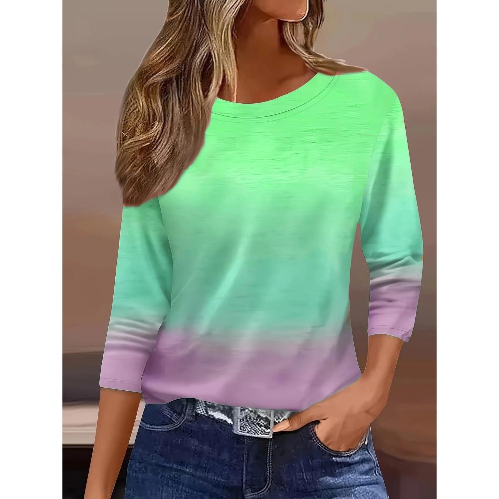 Gradient 3D Digital Printed Women's Harajuku Style Casual Round Neck Long Sleeved T-shirt