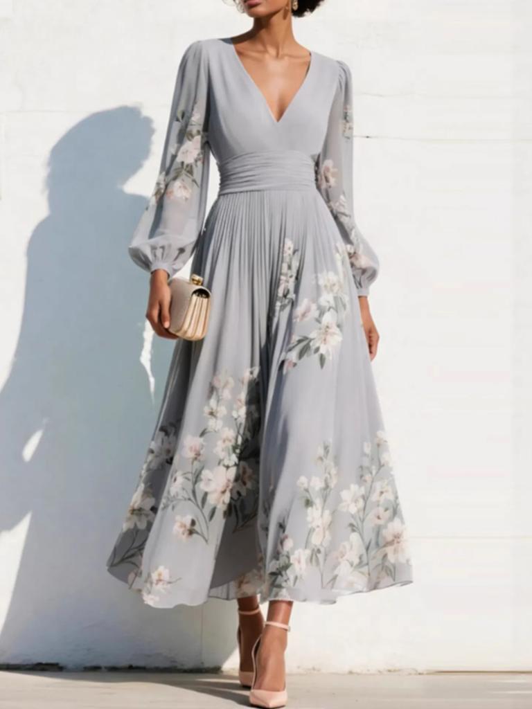 Frühling neue europäische und amerikanische Stil V-Ausschnitt bedrucktes Chiffon-Langarmkleid Damen Taille A-Linie Rock Urlaubsstil langes Kleid