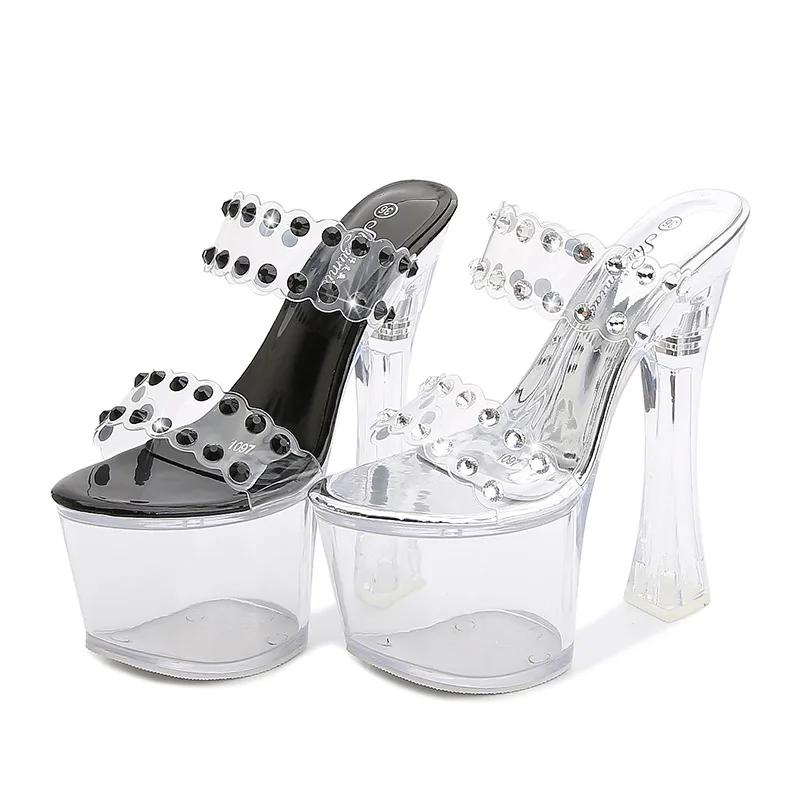 Fashion 17cm New Sexy Design Personality Heel Slippers Ladies Slippers Clear PVC Transparent Casual Square High Heel Platform Slippers