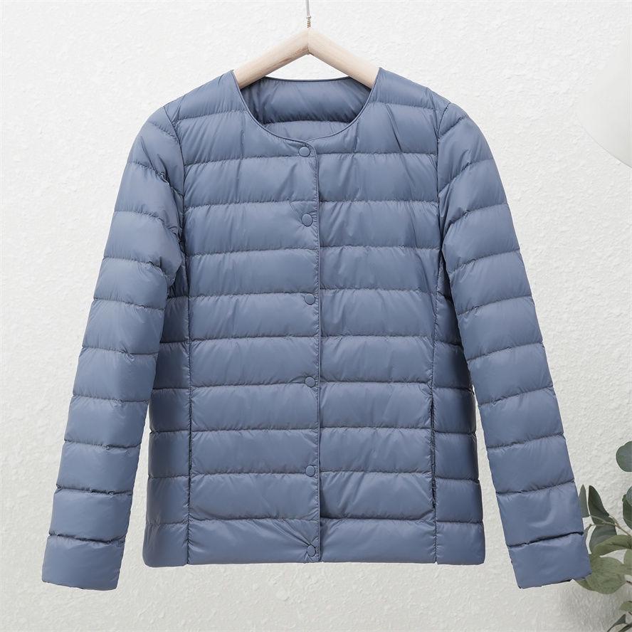 Women's 90% White Duck Down Lightweight Short Jacket - Round Neck, Solid Color, Warm and Collarless for Autumn/Winter