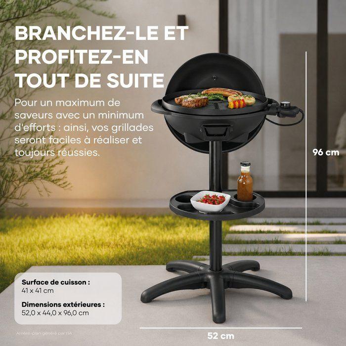 Barbecue électrique sur pieds - SEVERIN - PG8541 - 2000 W - Grande surface de cuisson Ø 41 cm - Thermostat réglable - Noir mat