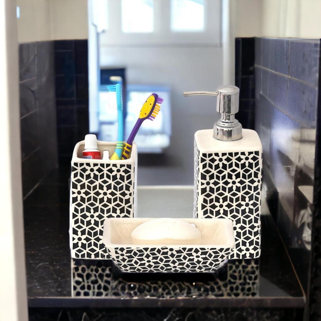Ceramic Bathroom Accessories Set of 3 | Modern Luxury Bath Set with 300ml Soap Dispenser, Toothbrush Holder & Soap Dish | Home Decor Items