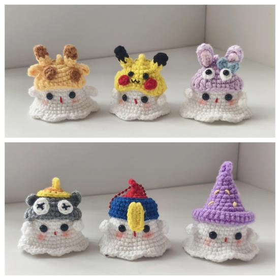 Halloween Crochet Ghost Ornament Cute Handmade Knitted Frog/Cat/Spider/Strawberry Ghost Hanging Decoration for Car Rearview Mirror Bag Charm