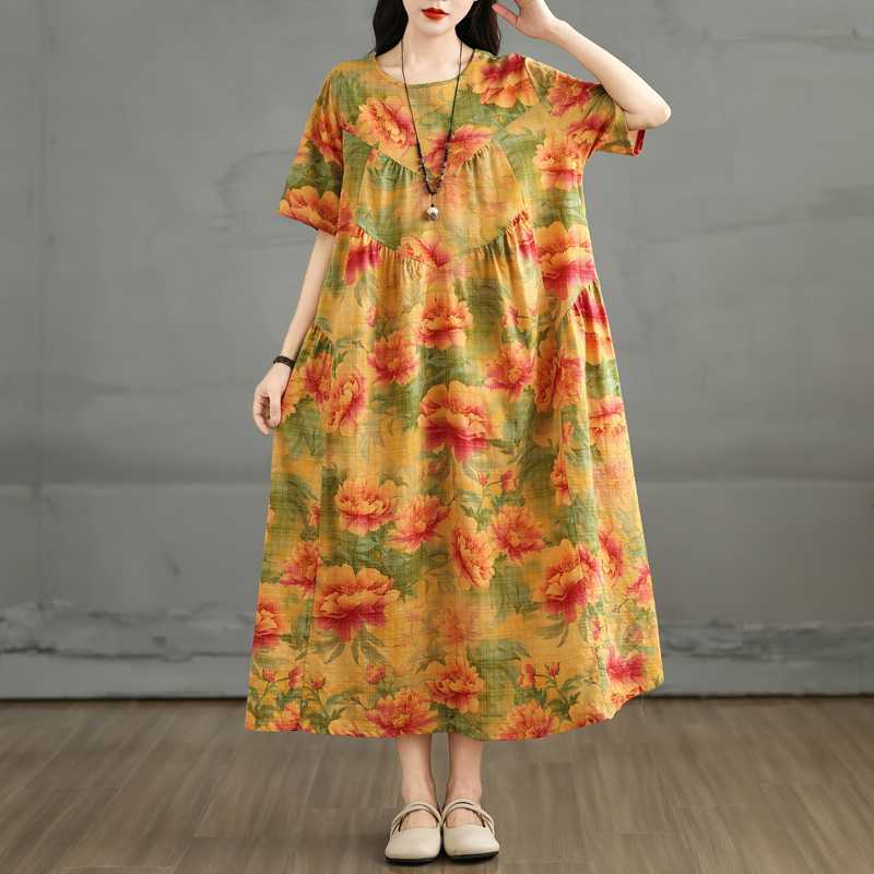 Summer Retro Cotton and Linen Round Neck Short Sleeved Dress, Women's Loose Skirt
