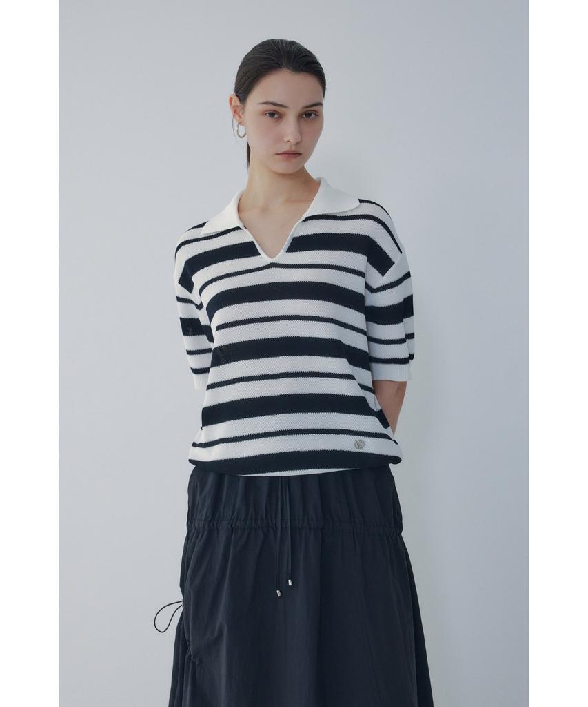 Bobeu Stripe Pattern Collared Neck Pullover_Black 7156250006