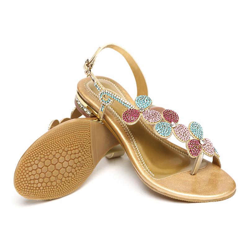 JIMITU Sandali Estivi Nuovi in Pelle da Donna Sandali con Strass a Tacco Basso Fondo Piatto Clip-Toe Tacco Spesso Fiori Sandali di Lusso Regalo