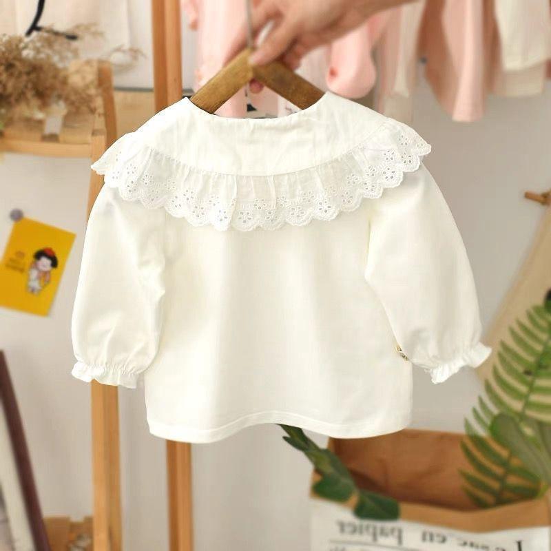 Girls Long Sleeve Cotton T-Shirt With Floral Embroidery Ruffled Collar Toddlers 3-8 Years