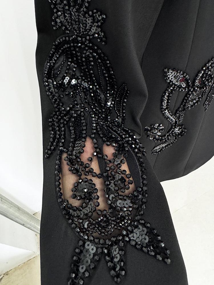 Available: Spring 2026 Fashion Mesh & Beaded Suit Jacket with Chiffon Trousers.