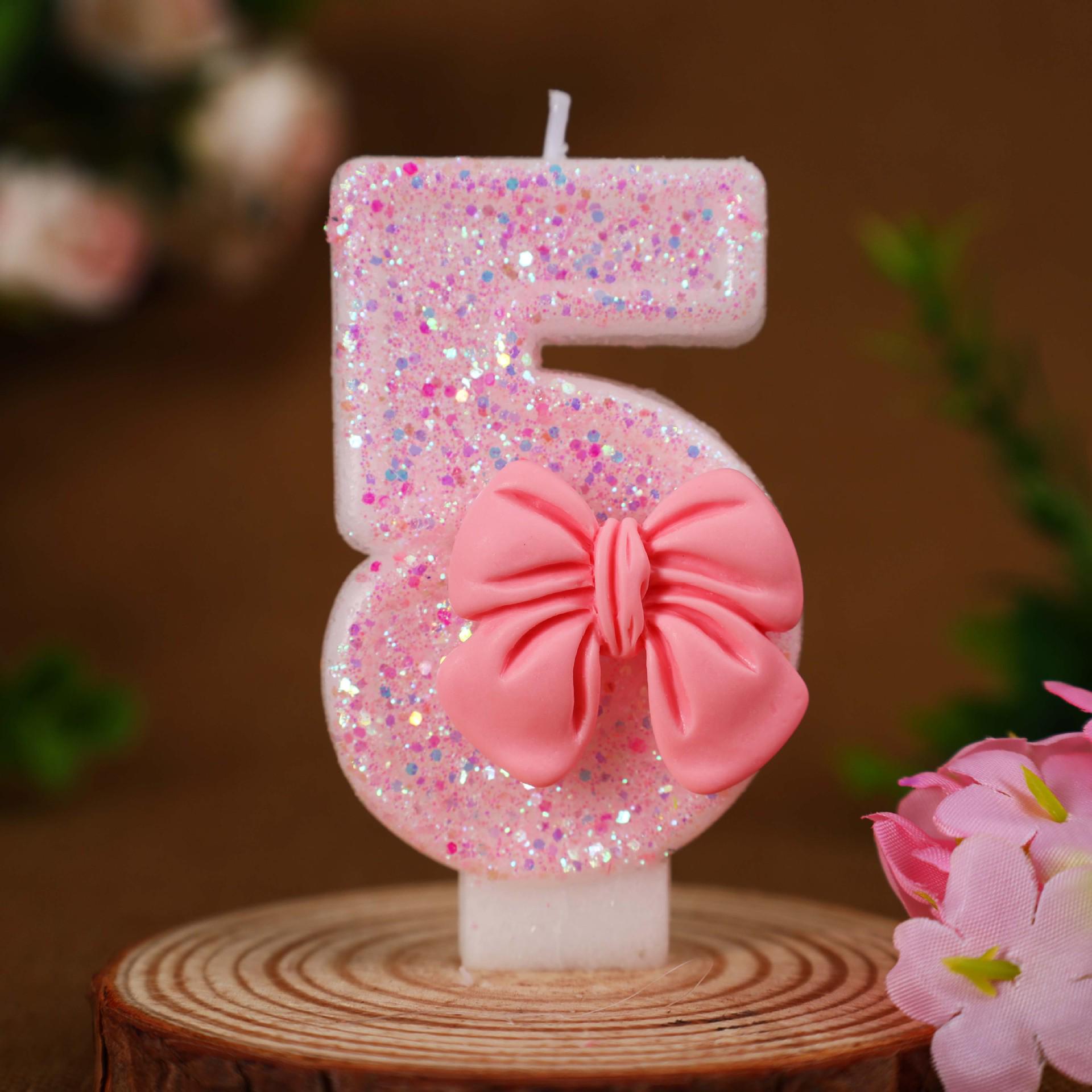 Pink Glitter Bow Birthday Candles for Cakes - 0-9 Number Set