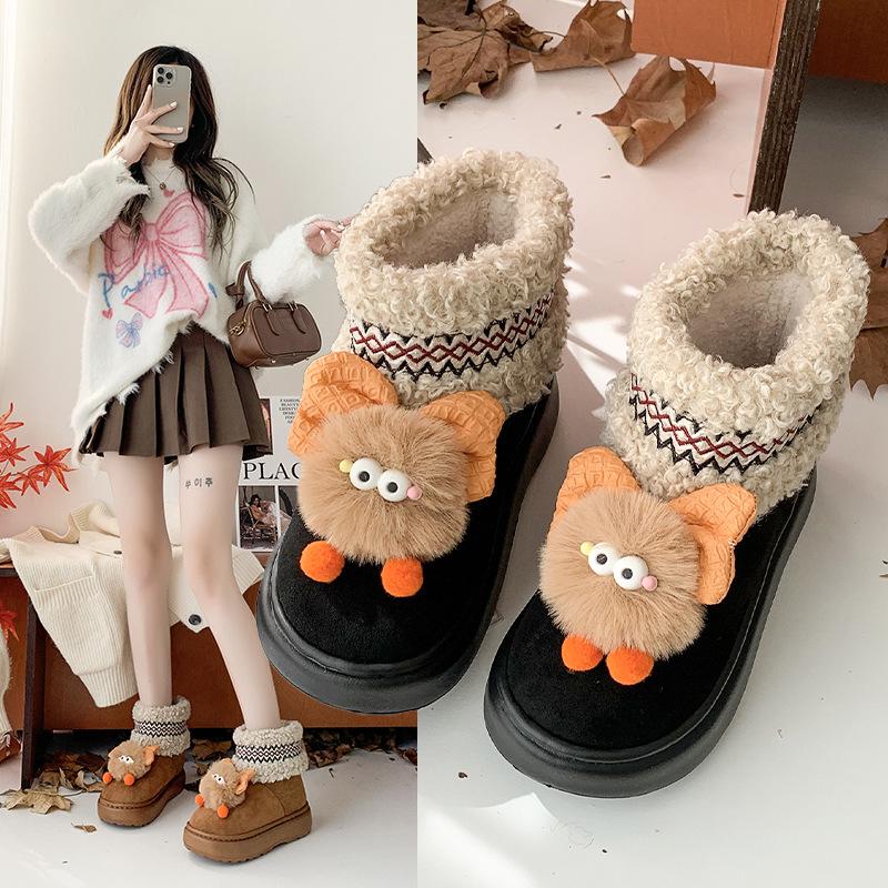 Damen Cartoon dicke Sohle große Größe verdickt Winter warm Fell eins Schneestiefel gepolstertes Futter Stiefeletten rutschfest Wandern Sport Baumwollstiefel