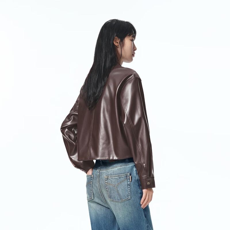 Women's Gold-Button Cropped Stand-Collar PU Biker Jacket