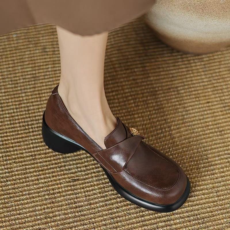 Thick Heel Single Shoes Spring and Autumn British Style Soft Leather High Heel Platform Retro Brown Small Leather Shoes