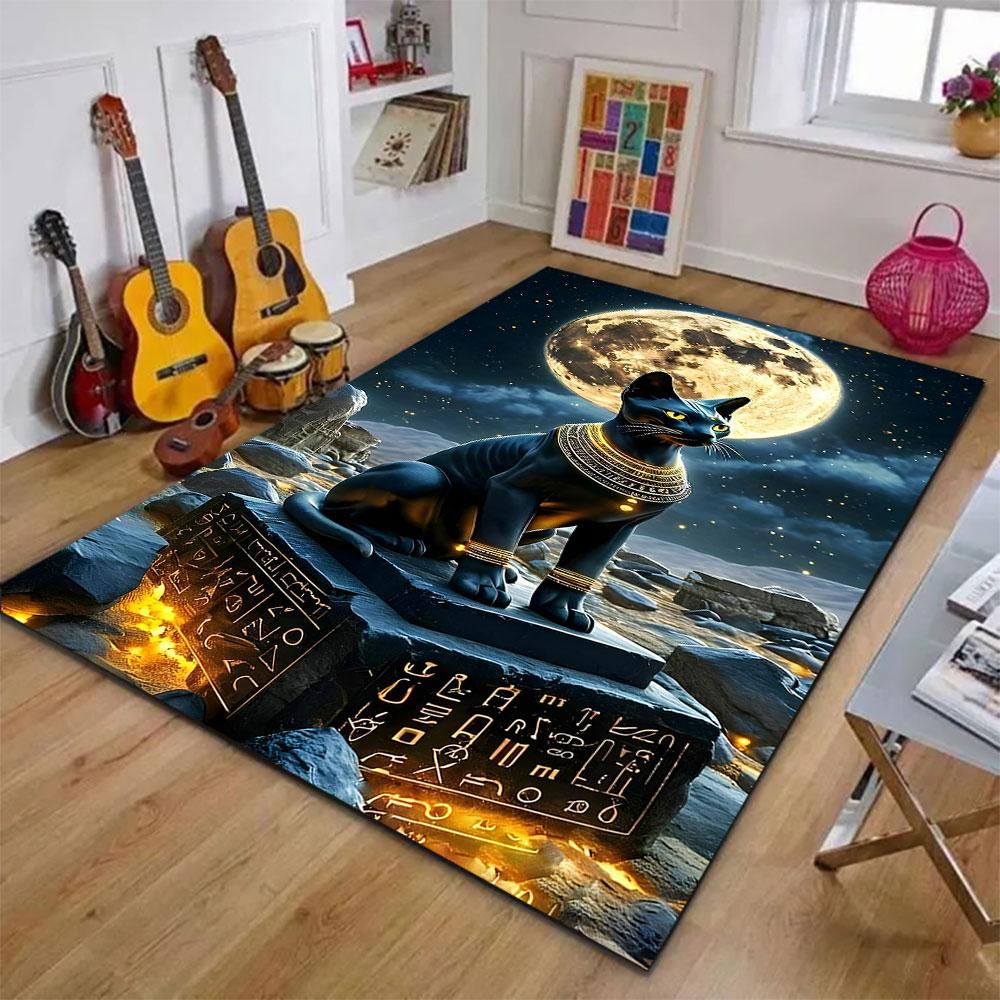 "Ancient Egyptian Cat with Full Moon" Patterned carpet, suitable as a non slip play mat for the living room and bedroom sofa