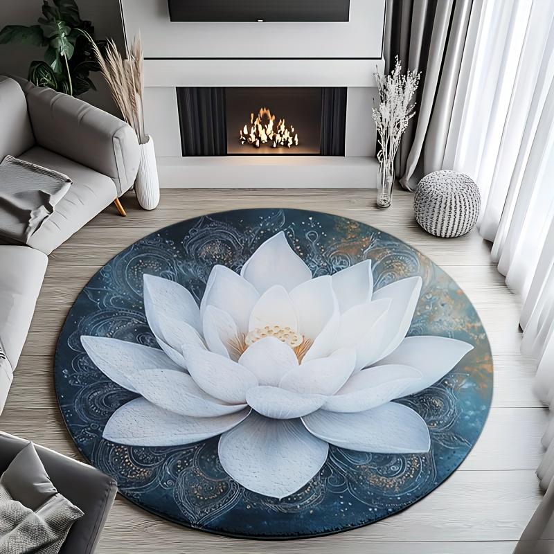 1 Piece Fantasy White Lotus Print Round Rug, Crystal Velvet Fabric Non-slip, Suitable for Indoor Entrance Living Room Decoration