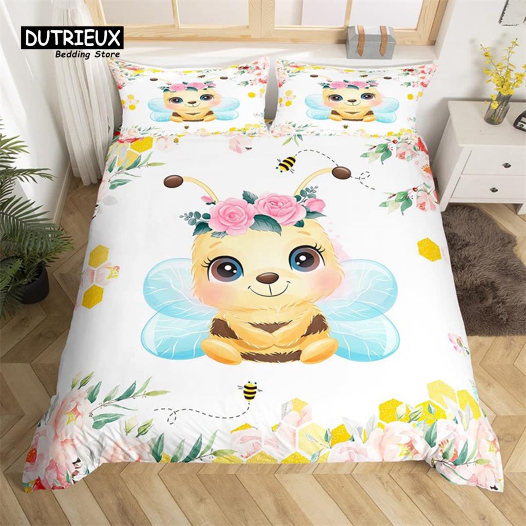 Niedliches Milchkuh Bettwäsche-Set King Cartoon Tier Bettbezug Botanisch Floral Steppdeckenbezug Mikrofaser Bauernhaus Tagesdecke Bezug