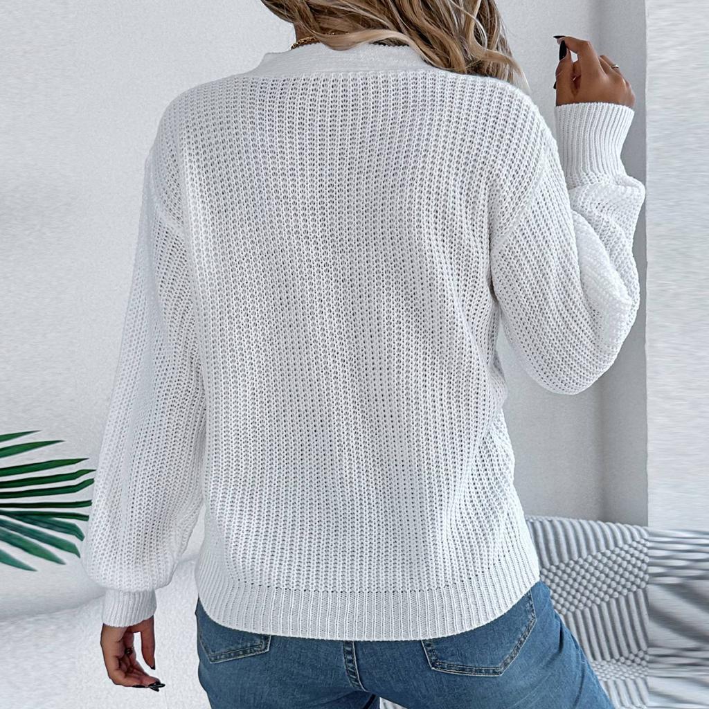 Women's Fashion Casual Loose V Neck Hollow Solid Color Long Sleeve Sweater Pullover Top