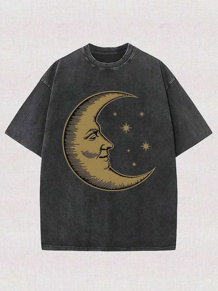 Men Aesthetic Retro Casual Summer Tops 1Pc Crew Neck Short‑Sleeve Washed Wax Print Cotton Fabric Lonely Moon Graphic Print Vintage Daily Tees