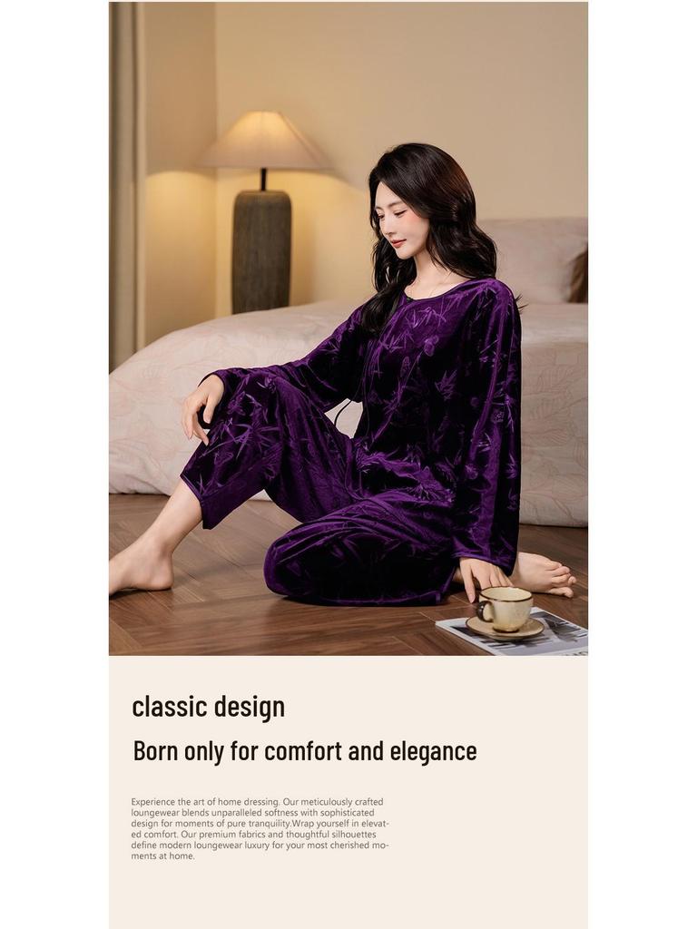 Da Vinci Code Bamboo-Inspired Gold Velvet Women’s Long-Sleeve Pants Set: Cozy Autumn/Winter Home Wear