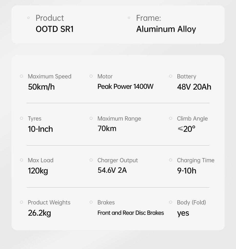 Electric Scooter OOTD SR1 10" 1400W Peak Motor Fully Suspended Adult Electric Scooter 48V 20AH Max Load 120Kg Black
