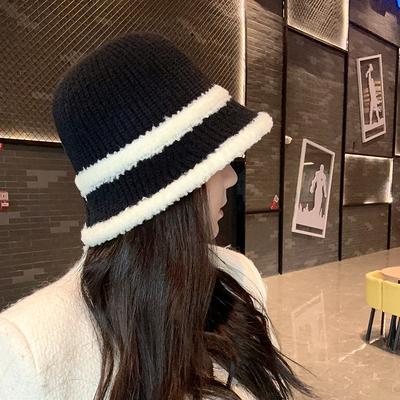 Spring and Autumn Warm Shade Plush Color Matching Knitted Bucket Hat Women