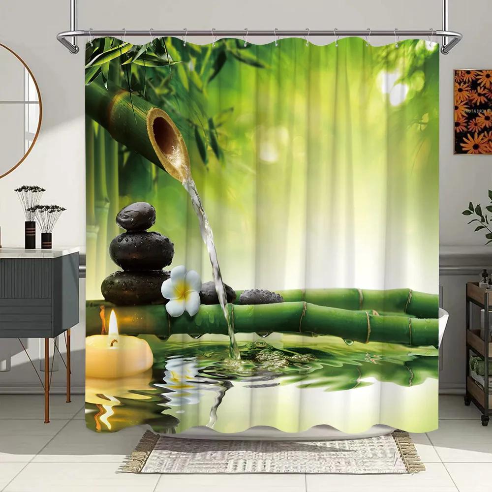 Green Bamboo Zen Stone Shower Curtains Lotus Flowing Water Zen Landscape Shower Curtain Home Bathroom Decoration Set with Hooks