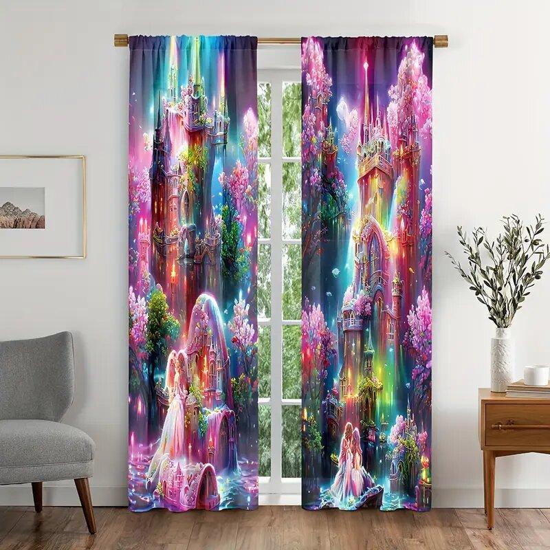 2 Stück - Vorhänge mit Kristallschlossmuster der Waldelfenprinzessin, Fensterdekorationen, Heimdekorationen, Raumdekoration
