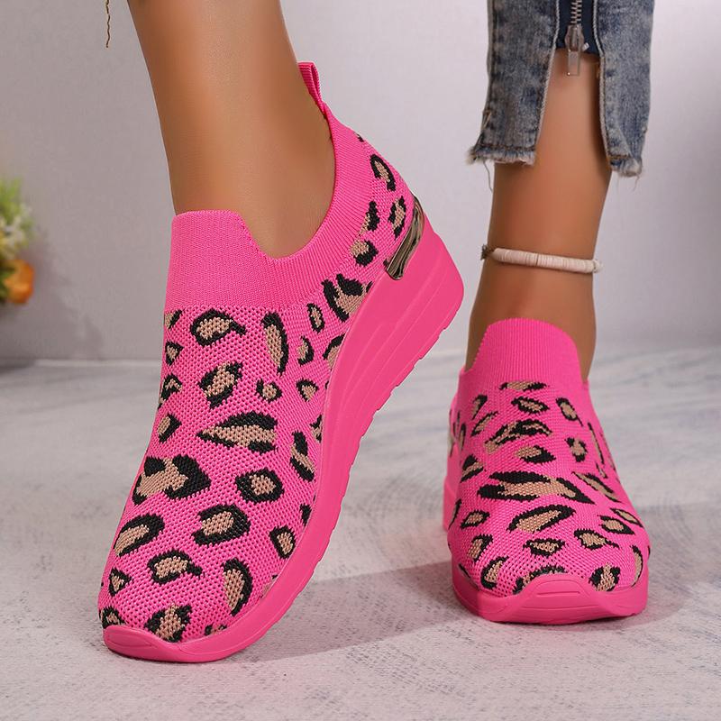 Fashion Leopard Print Knitted Wedge Sneakers for Women Lightweight Slip On Running Shoes Woman Soft Sole Comfortable Casual Shoes 37-44