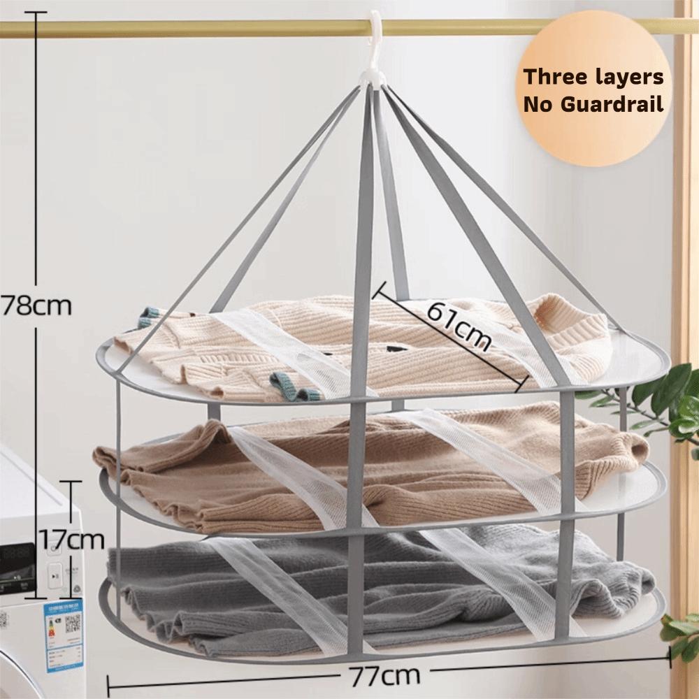 Foldable Clothes Drying Rack Mesh 3-Tier Lay Flat Hanger Space Saving With Hanging Hook Laundry Organizer Sweater Towel Socks