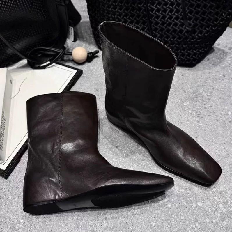 Cowhide version~ retro niche square head inner height-increasing sleeve short boots women's autumn and winter mid-tube boots Chelsea Martin boots