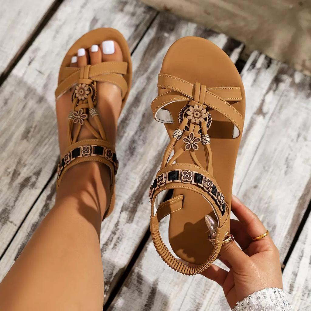 Bohemian Flat Damesandaler, Rund Toe Beaded Flower Beach Sko