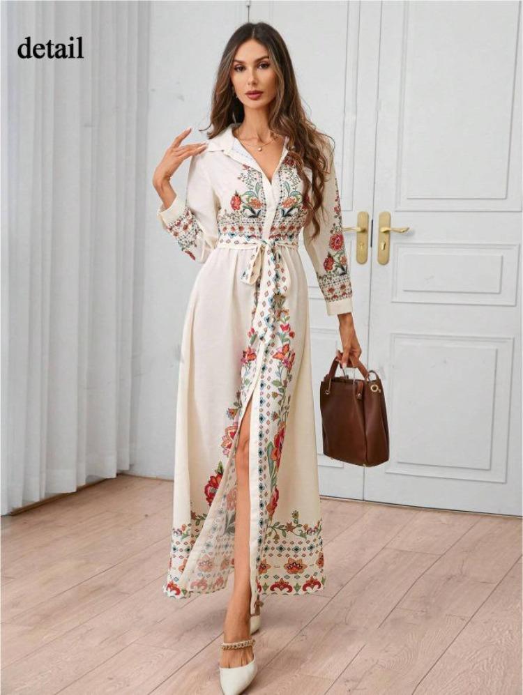 Damen Sommer Maxikleid mit Blumendruck Lässiges lockeres Langarm Hemdkleid mit Knopfleiste, Bindegürtel und Puffärmeln