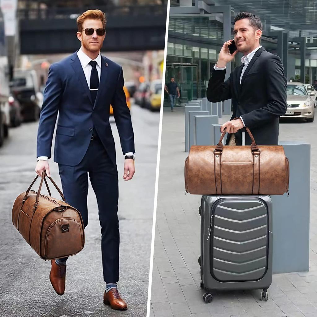Convertible Men's Leather Travel Suit Bag - In-Stock Leather Garment Bag for Clothes and Luggage