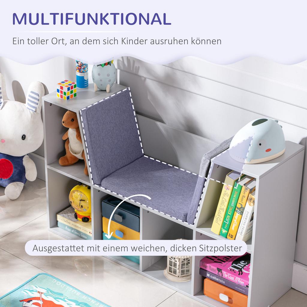 2-in-1 Children's Shelf, Shelf + Bench incl. Cushion, 103 cm x 30 cm x 62 cm, White + Gray