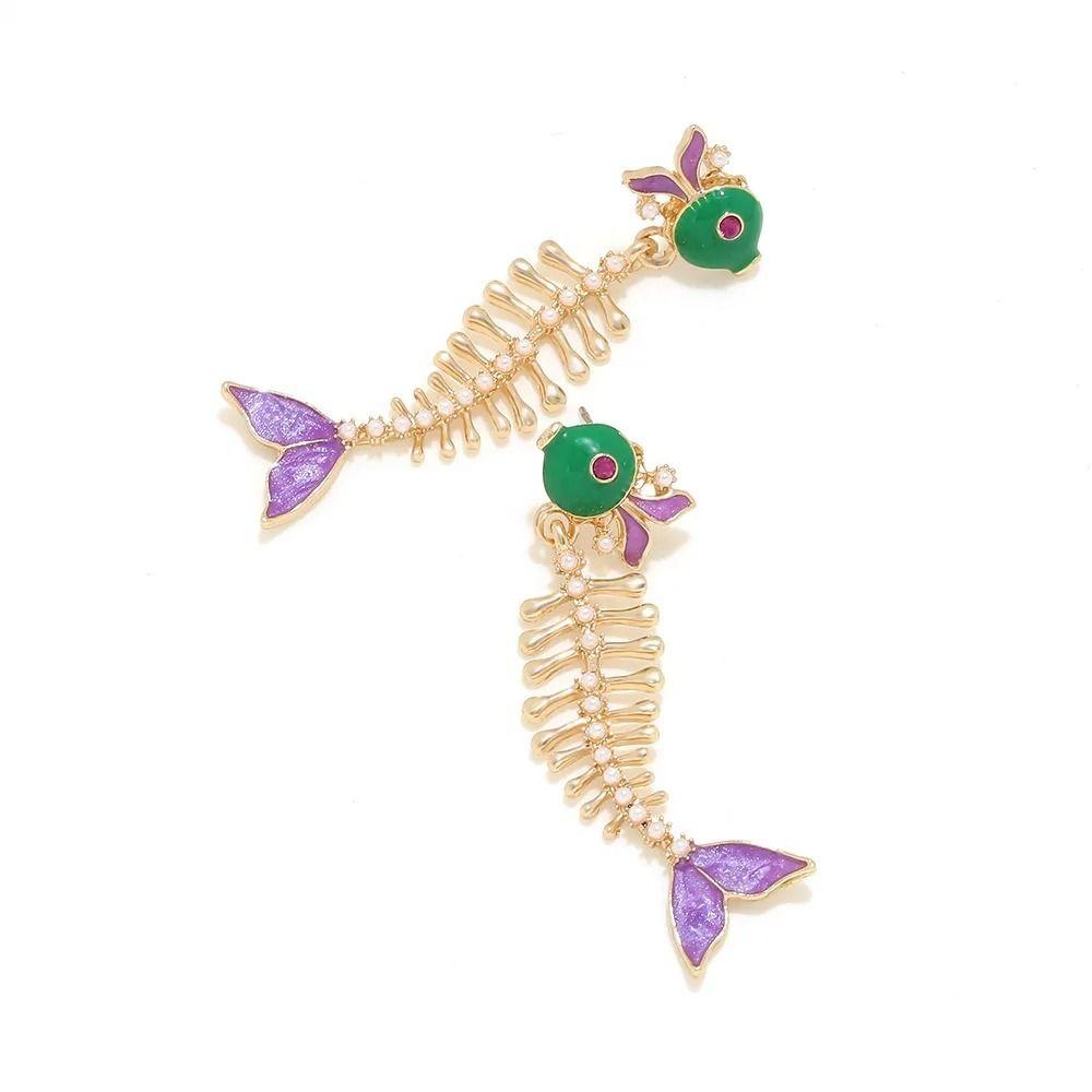 Creative Enamel Fishbone Dangle Earrings Fish Drip Glaze Metal Geometric Stud Earrings Retro Alloy Bohemian Dangle Earring