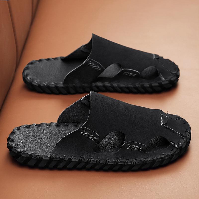 Baotou Slippers Men's Summer Wear Beach Sandals Leather Non-slip One-pedal Lazy Without Heel Half Slippers