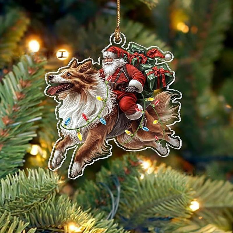 2026 Santa Claus And His Funny Dog Ornament 2D Flat Acrylic Pendant Christmas Decoration For Home Xmas Tree  Year Kerst