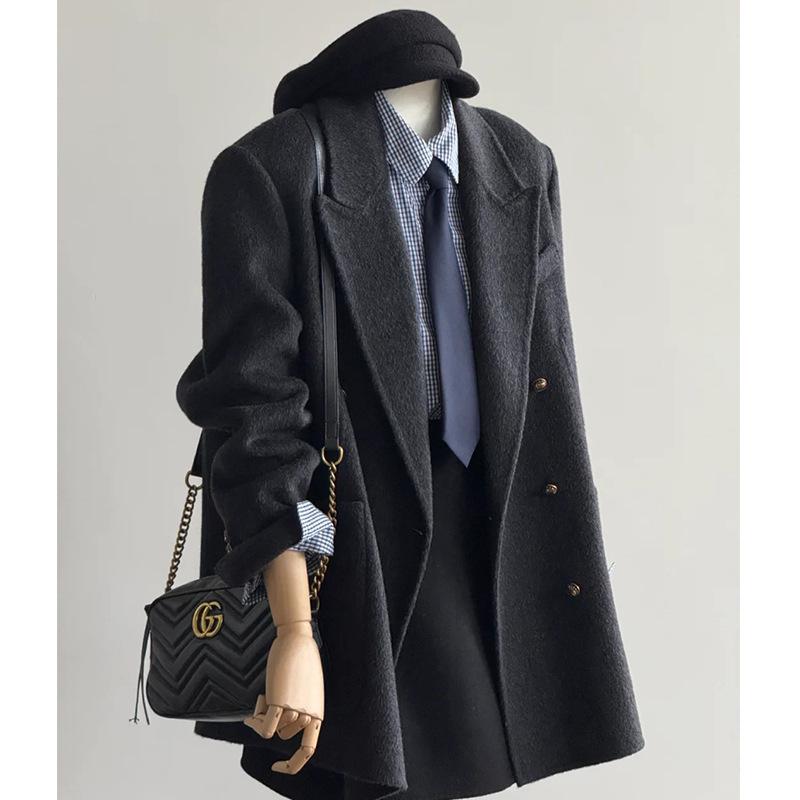 

2025 Women s Short Wool Coat - Autumn Winter Korean Style with Suit Collar Small черный серый