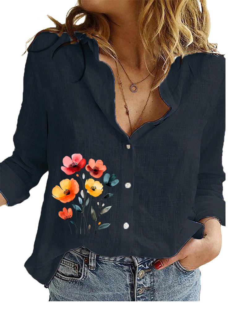 Women Fashion Cotton Linen Blouse Ladies Casual Loose Top Ladies Print Long Sleeve Shirt