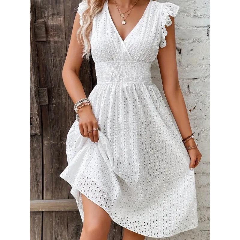 Fashion White Hollow Lace Midi Dresses Women Summer V Neck Ruffle Sleeve Dress Elegant Office Lady Casual Beach Holiday Sundres
