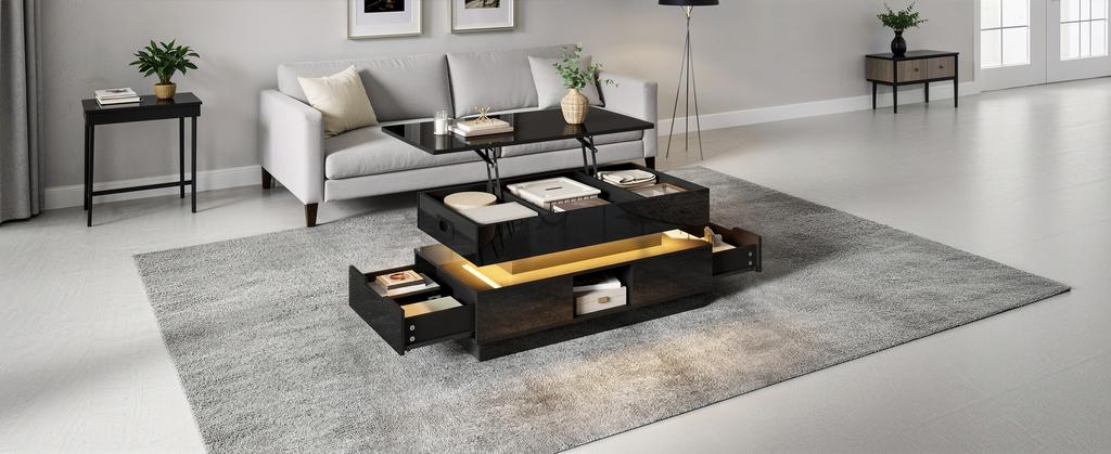 Coffee Table High-Gloss Height-Adjustable with Storage Space LED Lighting Socket Lift-Top Living Room Table Drawers Storage