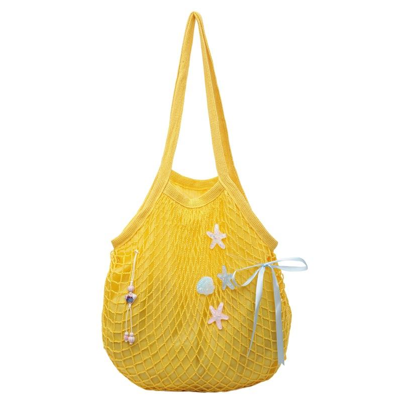 

Polyester Hollow Woven Shoulder Bag Korean Style Pockets Mesh Handbags Large Capacity Edge Covering Summer Beach Tote Bags жовтий