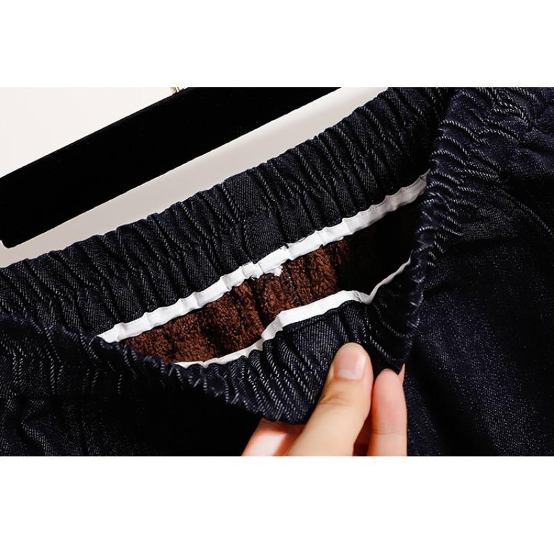 DIMANAF 2025 Autumn Winter Women Plus Size Jeans Pants Thick Denim Casual Lady Long Pants Flocking Oversized Loose Bottoms