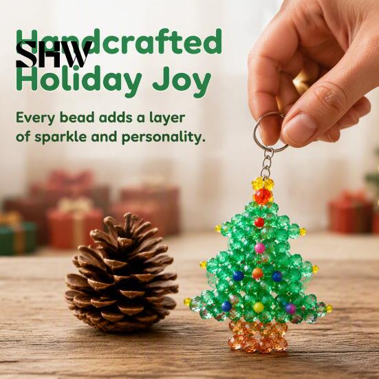 Decorative Bead Art for Home Christmas Tree Keychain, Faux Crystal Beaded Xmas Pendant, Personalized Holiday Party Decor 3D Key Ring Charm Accessory