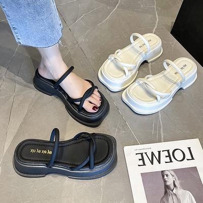 2025 Summer New Square Head Slippers Internet Celebrity Muffin Thick-soled Stepping Shit Beach Shoes Versatile Beach Sandals